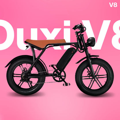 Ouxi V8 Fatbike in brown side view - electric fat tire bike for off-road and urban riding with powerful motor