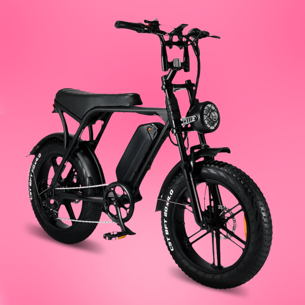 Ouxi V8 Fatbike in black side view at a 45 degree angle - electric fat tire bike for off-road and urban riding with powerful motor