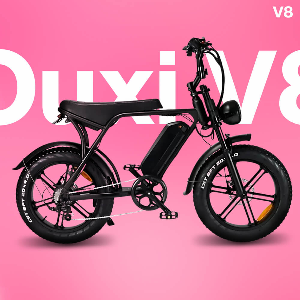 Ouxi V8 Fatbike in black side view - electric fat tire bike for off-road and urban riding with powerful motor