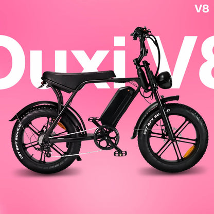 Ouxi V8 Fatbike in black side view - electric fat tire bike for off-road and urban riding with powerful motor