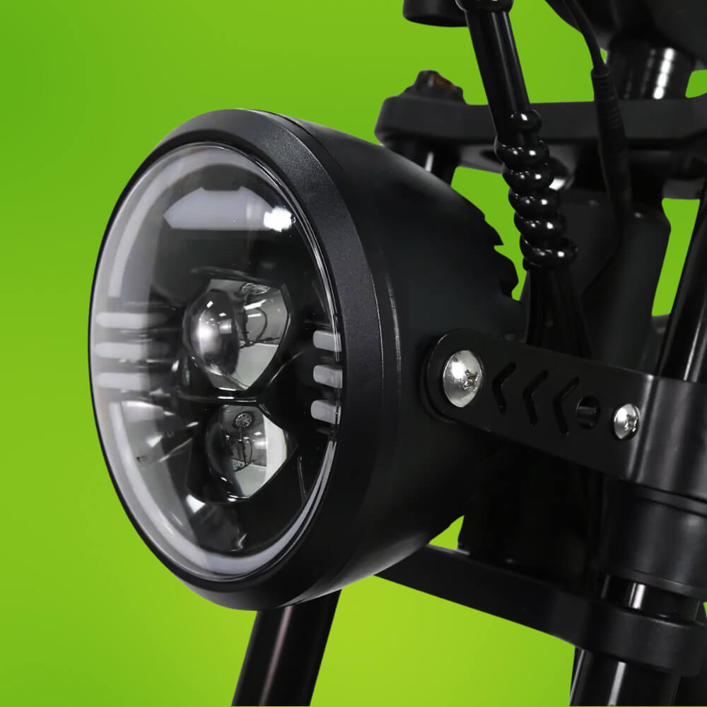 Close-up view of the front light on the Skinnybike Tourwheel T6, highlighting its design and functionality for improved visibility